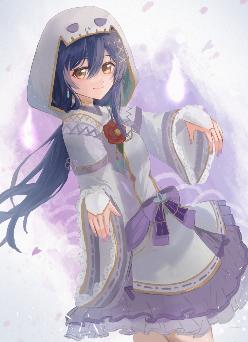 1girl absurdres bangs blue_hair bridal_gauntlets cowboy_shot earrings flower ghost_pose gloves hair_between_eyes highres hood hood_up japanese_clothes jewelry kimono long_hair long_sleeves looking_at_viewer love_live! love_live!_school_idol_project simple_background sonoda_umi swept_bangs symbol-only_commentary white_kimono wide_sleeves yellow_eyes