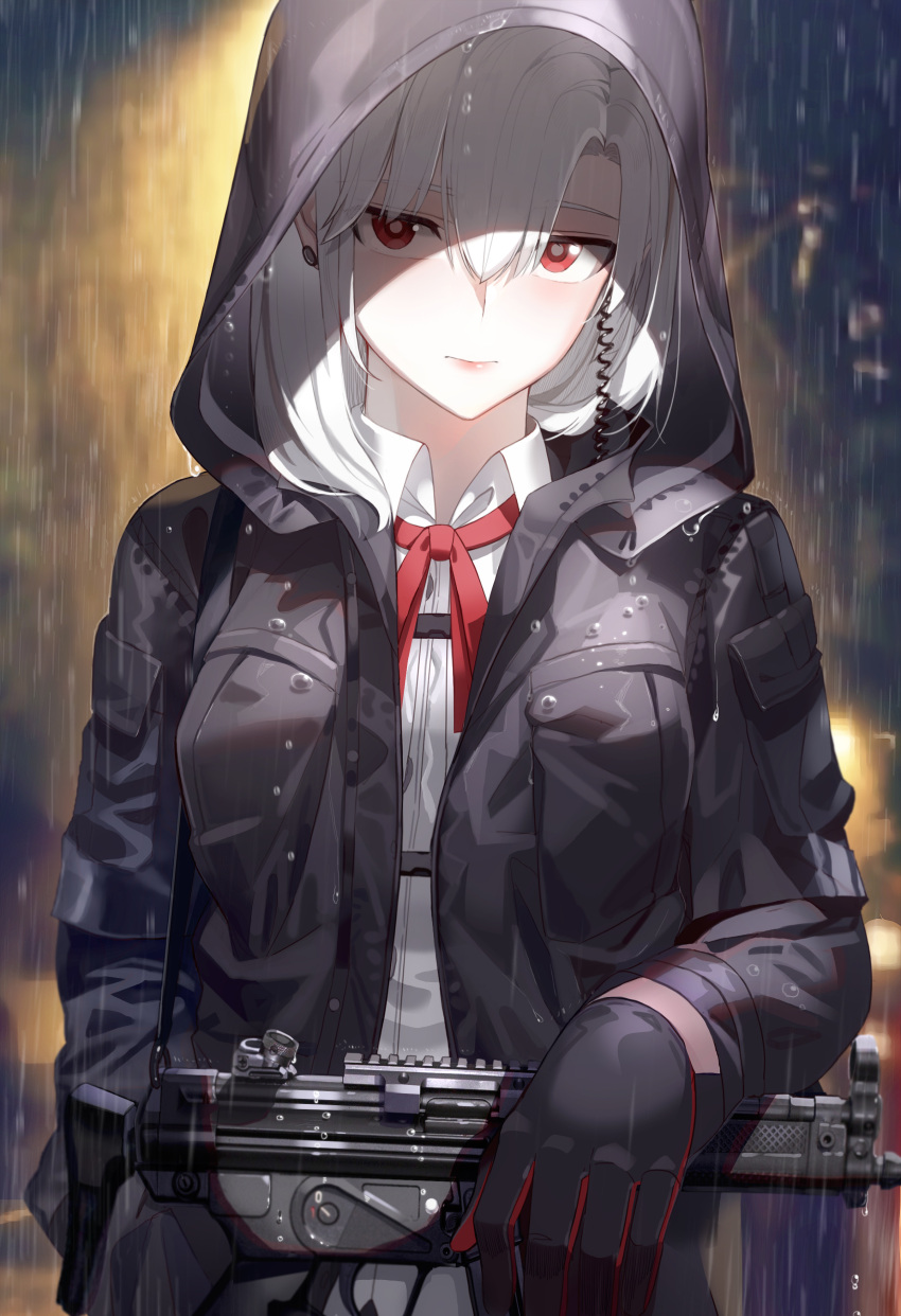 1girl absurdres bangs black_gloves black_jacket commentary earrings english_commentary gloves gun h&amp;k_mp5 hair_between_eyes highres holding holding_gun holding_weapon hood hooded_jacket jacket jewelry kfr long_hair looking_at_viewer original photoshop_(medium) red_eyes red_gloves red_neckwear red_ribbon ribbon submachine_gun two-tone_gloves weapon white_hair