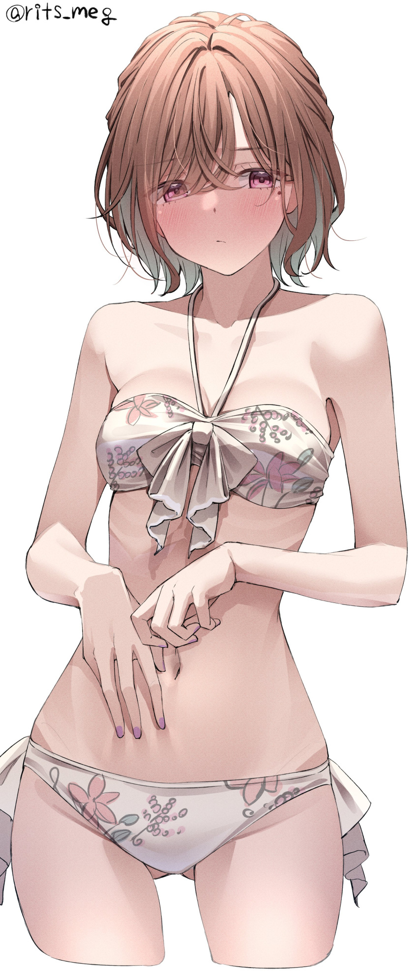1girl absurdres ass_visible_through_thighs bangs bare_shoulders bikini blush breasts brown_hair closed_mouth collarbone commentary_request cropped_legs floral_print halter_top halterneck highres higuchi_madoka idolmaster idolmaster_shiny_colors kawai_ritsu_(rits_meg) mole mole_under_eye navel purple_nails red_eyes short_hair simple_background small_breasts solo swimsuit twitter_username white_background white_bikini