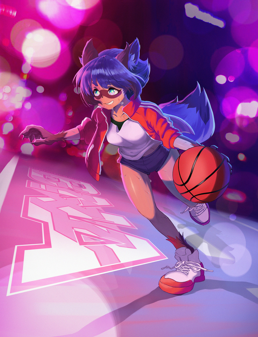 1girl animal_ear_fluff animal_ears animal_nose ball basketball black_hair blue_eyes blue_hair blue_shorts body_fur brand_new_animal brown_fur cheenack copyright_name dolphin_shorts full_body furry furry_female grin highres holding holding_ball jacket kagemori_michiru multicolored_hair raccoon_ears raccoon_girl raccoon_tail red_jacket shirt shoes shorts smile sneakers sport sweat sweatdrop tail tanuki teeth track_jacket two-tone_hair white_shirt