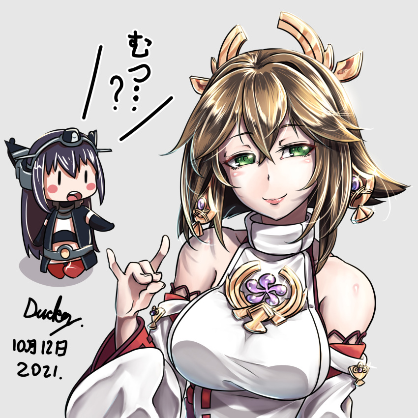 2girls absurdres black_hair breasts brown_hair cosplay detached_sleeves earrings flipped_hair genshin_impact green_eyes highres japanese_clothes jewelry kantai_collection large_breasts long_hair multiple_girls mutsu_(kancolle) nagato_(kancolle) ribbon-trimmed_sleeves ribbon_trim rinwest short_hair smile solid_oval_eyes wide_sleeves yae_(genshin_impact) yae_(genshin_impact)_(cosplay)