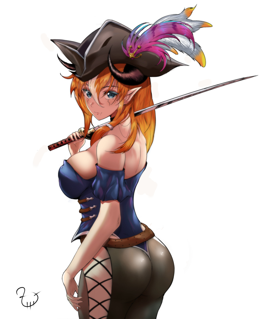 1girl absurdres anchor_hair_ornament ass back bare_shoulders belt black_choker blonde_hair blue_eyes breasts choker cross-laced_clothes cross-laced_legwear detached_sleeves hair_ornament hair_rings hat hat_feather highres holding holding_sword holding_weapon horns large_breasts looking_at_viewer looking_back mole mole_under_mouth multicolored_hair orange_hair original pirate pirate_hat pointy_ears sideboob signature simple_background solo streaked_hair sword t3x weapon white_background white_hair