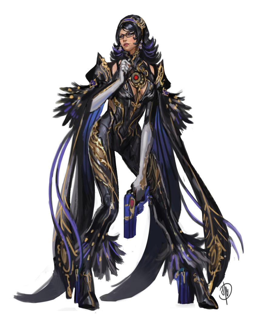 1girl absurdres bayonetta bayonetta_(series) black_hair blue_eyes bodysuit breasts earrings elbow_gloves glasses gloves gun highres jaeon009 jewelry lips lipstick long_hair makeup mole mole_under_mouth smile solo very_long_hair weapon