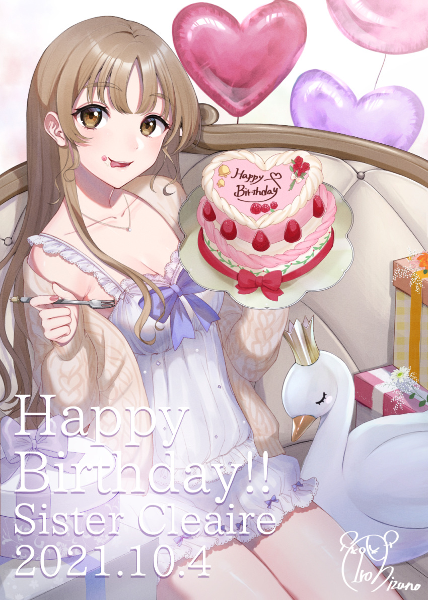 1girl alternate_costume balloon bangs bare_legs bird birthday birthday_cake blush bottle cake camisole closed_mouth collarbone commentary couch crown eating english_text flower food food_on_face fork fruit gift hand_in_hair happy_birthday heart_balloon highres holding holding_cake holding_food holding_fork jacket jewelry licking_lips light_brown_eyes light_brown_hair long_hair looking_at_viewer mizuiro_32 necklace nijisanji official_alternate_costume parted_bangs pink_jacket ribbed_jacket shorts signature simple_background sister_cleaire sitting sleep_mask sleepwear smile solo strawberry swan teeth tongue tongue_out virtual_youtuber wariza white_background