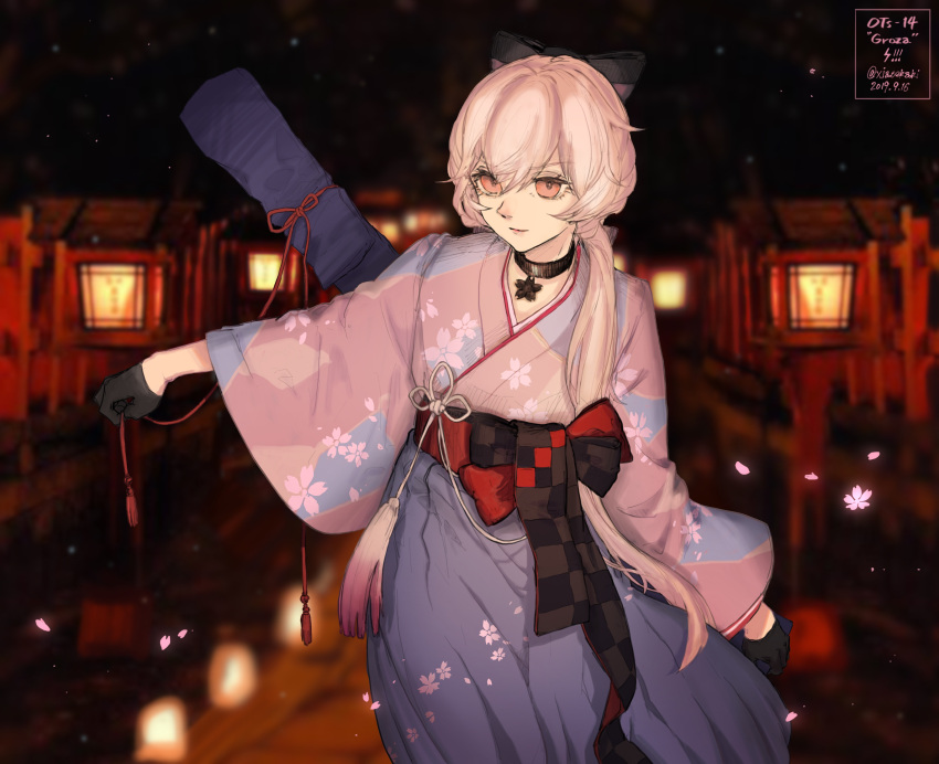 1girl absurdres black_gloves blonde_hair bow character_name choker commentary_request dated floral_print girls_frontline gloves hair_bow hair_over_shoulder hakama hakama_skirt highres japanese_clothes kimono long_hair looking_at_viewer night official_alternate_costume ots-14_(girls'_frontline) outdoors pink_kimono ponytail print_kimono skirt smile solo twitter_username xia_oekaki yellow_eyes