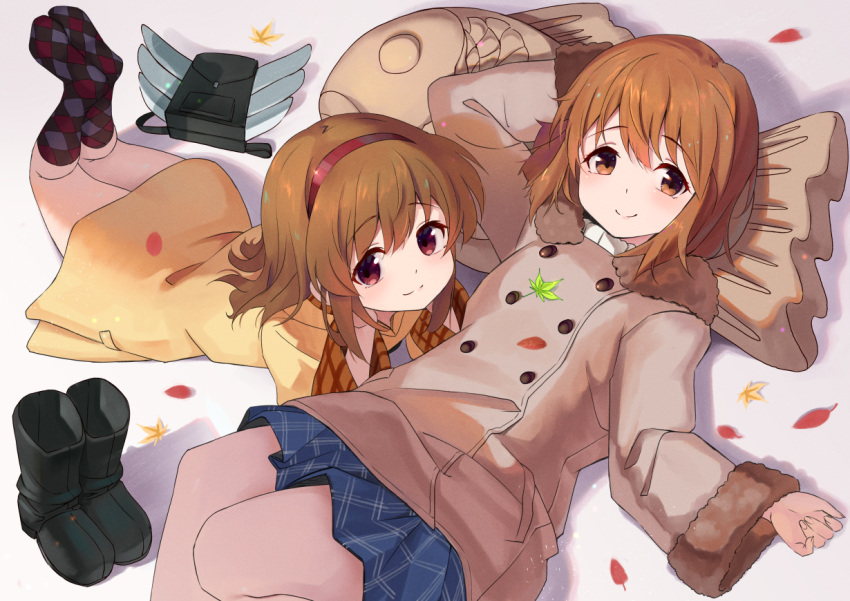 2girls backpack backpack_removed bag boots boots_removed brown_eyes brown_hair coat crossover hagiwara_yukiho hairband head_rest idolmaster idolmaster_(classic) kanon leaf long_hair lying miniskirt multiple_girls on_back on_stomach red_eyes short_hair skirt smile tagame_(tagamecat) tsukimiya_ayu winter_clothes
