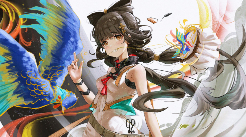 1girl bangs bare_shoulders bird braid breasts brown_eyes brown_hair commentary_request di_qi_gang_guang dress eyebrows_visible_through_hair girls'_frontline_neural_cloud girls_frontline grin hair_ornament hair_rings highres long_hair looking_at_viewer medium_breasts mouth_hold needlepoint qbu-88_(girls'_frontline) sleeveless smile solo thread upper_body white_dress
