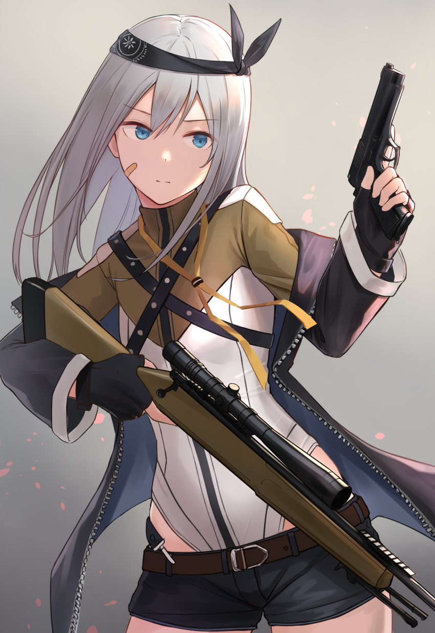 1girl absurdres bandaid bandaid_on_cheek bandaid_on_face bandana bangs belt black_bandana black_gloves black_jacket black_shorts blue_eyes bolt_action commentary_request cowboy_shot fingerless_gloves girls_frontline gloves gradient gradient_background gun handgun highres holding holding_gun holding_weapon jacket leotard long_hair off_shoulder rifle scope shorts silver_hair solo tadano_tarako trigger_discipline weapon xm3_(girls'_frontline) zipper