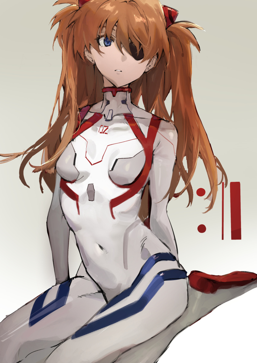 1girl absurdres black_eyepatch blue_eyes brown_hair collarbone covered_collarbone covered_navel eyelashes eyepatch gradient gradient_background highres long_hair neon_genesis_evangelion parted_lips plugsuit sitting solo souryuu_asuka_langley teeth tsuiru turtleneck twintails wariza