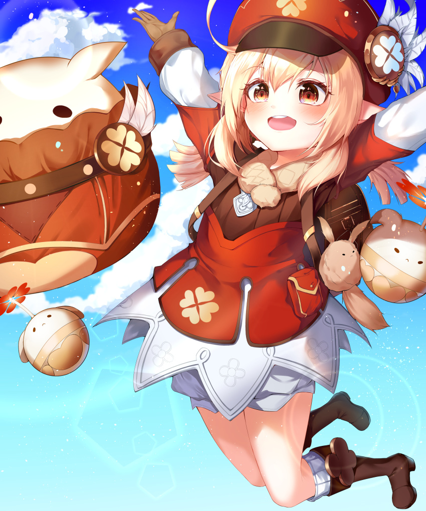 1girl :d absurdres ahoge arms_up backpack bag bag_charm bangs bloomers blue_sky boots brown_footwear brown_gloves brown_scarf cabbie_hat charm_(object) clouds cloudy_sky clover_print coat commentary_request dodoco_(genshin_impact) eyebrows_visible_through_hair genshin_impact gloves hair_between_eyes hat hat_feather hat_ornament highres jumping jumpy_dumpty kimae klee_(genshin_impact) knee_boots kneehighs light_brown_hair long_hair long_sleeves looking_at_viewer low_twintails open_mouth orange_eyes outstretched_arms pocket pointy_ears randoseru red_coat red_headwear scarf sidelocks sky smile solo spread_arms sunlight throwing twintails underwear