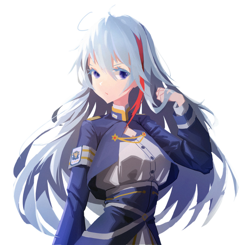 1girl 86_-eightysix- afindex bangs blue_capelet blue_skirt breasts capelet cleavage_cutout clothing_cutout hair_between_eyes hand_in_hair high-waist_skirt highres long_hair looking_to_the_side medium_breasts military military_uniform multicolored_hair redhead shirt silver_hair skirt solo streaked_hair uniform v-shaped_eyebrows violet_eyes vladilena_millize white_shirt