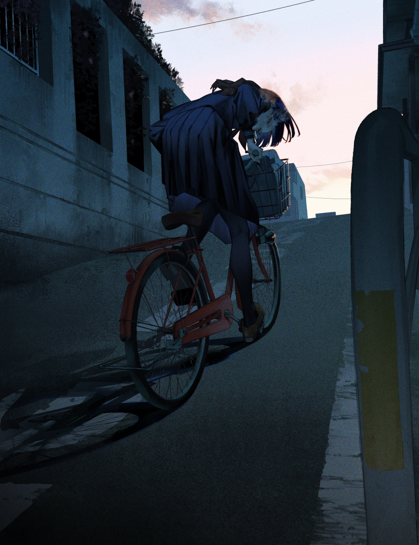 1girl absurdres bicycle bicycle_basket building clouds dusk film_grain ground_vehicle highres hunched_over kento_matsuura loafers long_sleeves looking_at_viewer looking_back original pantyhose pleated_skirt power_lines riding riding_bicycle road school_uniform shadow shirt shoes short_hair skirt solo steam street tree