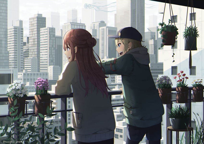 1boy 1girl :d :o absurdres badge balcony brown_eyes brown_hair building button_badge charm_(object) city flower hanagamigendai hat highres hood hood_down jacket open_mouth original outdoors plant pocket potted_plant railing skyscraper smile
