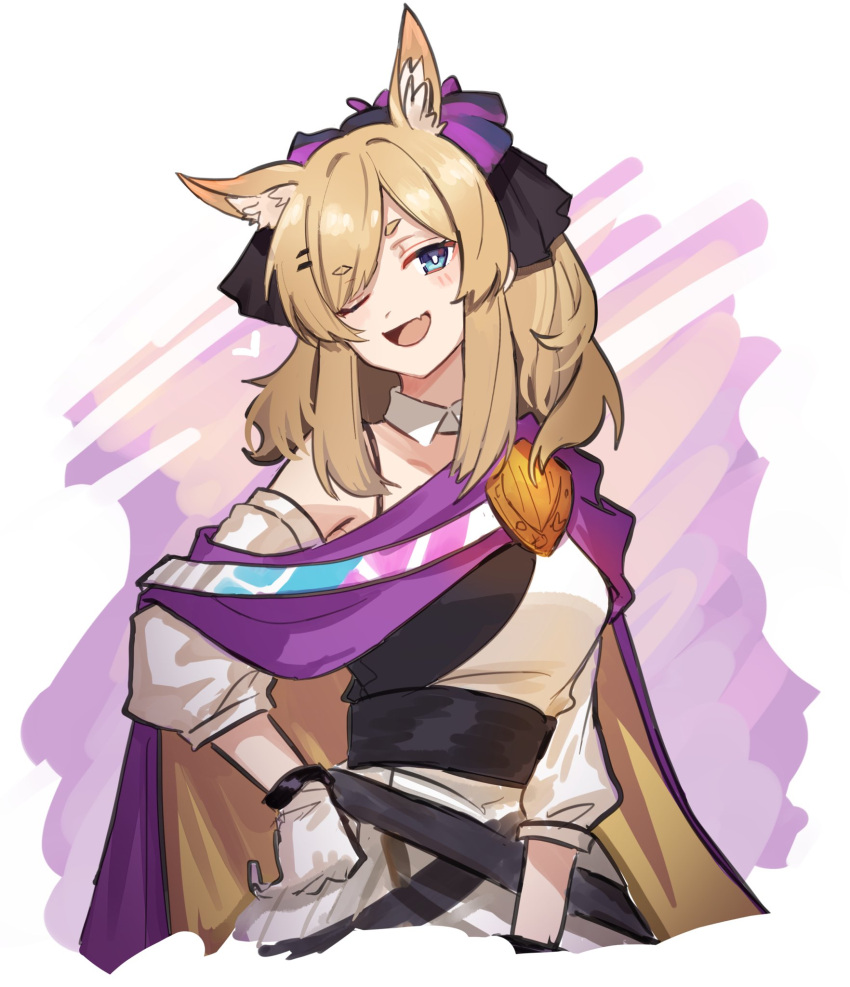 1girl animal_ears arknights bangs blonde_hair blue_eyes detached_collar detached_sleeves dress fang gloves highres horse_ears horse_girl long_hair mabing off_shoulder official_alternate_costume one_eye_closed open_mouth skin_fang solo whislash_(glory_purple)_(arknights) white_gloves