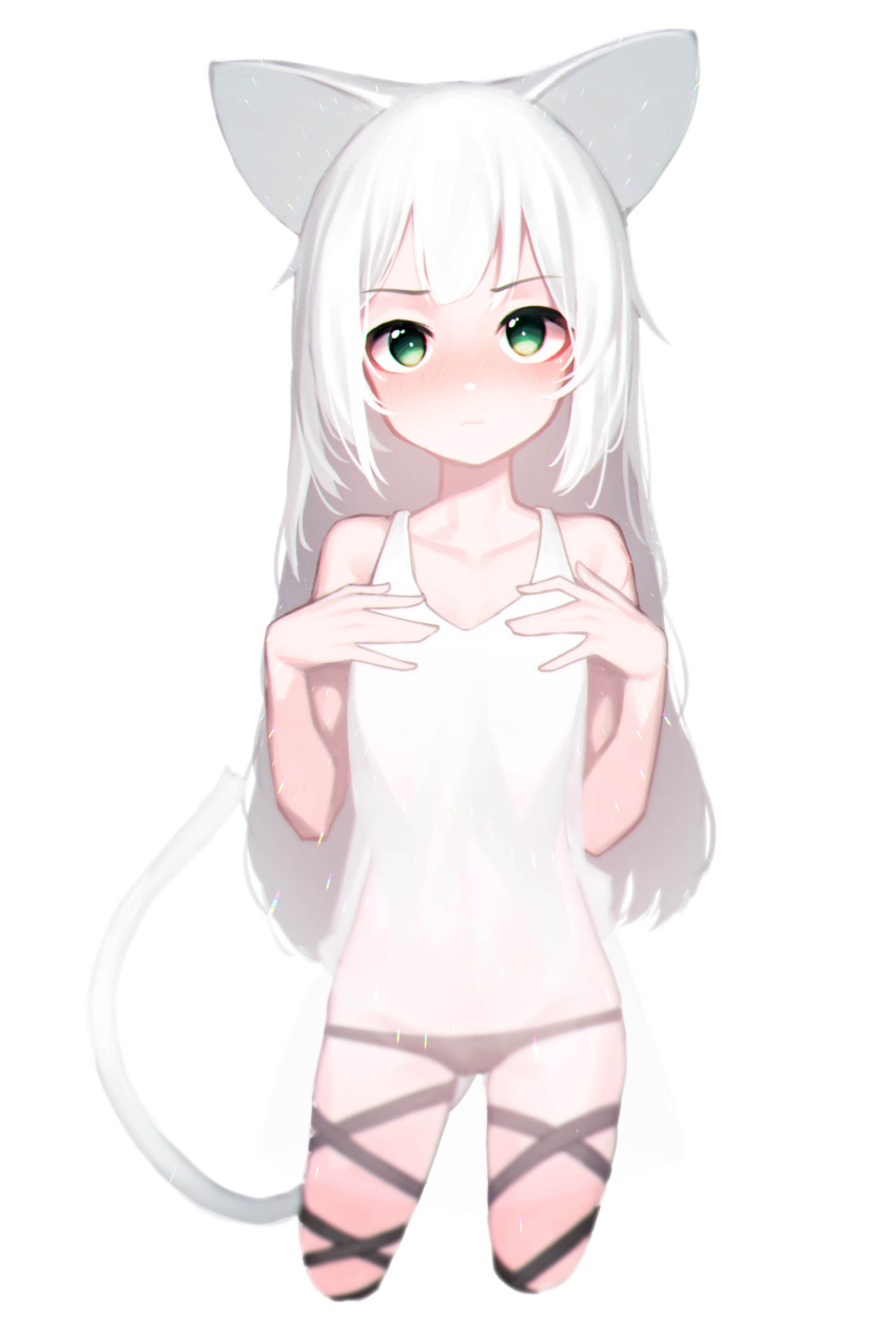 1girl absurdres animal_ears arknights beudelb black_panties blush cat_ears cat_girl cat_tail collarbone commentary cowboy_shot cropped_legs green_eyes hands_up highres korean_commentary long_hair looking_at_viewer multiple_straps panties rosmontis_(arknights) simple_background straight-on tail tank_top thigh_strap underwear white_background white_hair white_tank_top