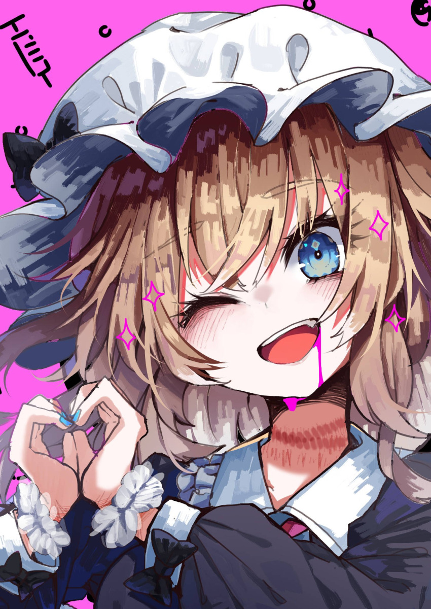 1girl bangs blonde_hair blue_eyes blush collared_shirt commentary_request cropped_torso dress drooling eyebrows_visible_through_hair false_smile frilled_shirt_collar frills hat heart heart_hands highres injury long_sleeves looking_at_viewer maribel_hearn mob_cap murayo one_eye_closed open_mouth pink_background purple_dress rope_marks scrunchie shirt short_hair simple_background solo sparkle teeth touhou upper_body upper_teeth wing_collar