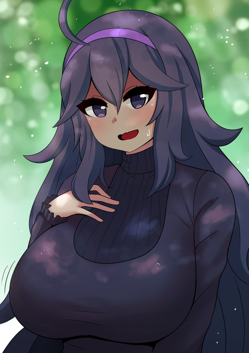 1girl absurdres ahoge blush breasts dress hand_on_own_chest headband hex_maniac_(pokemon) highres large_breasts long_hair looking_at_viewer nature open_mouth pokemon pokemon_(game) pokemon_xy purple_hair purple_headband ribbed_dress the_only_shoe upper_body violet_eyes