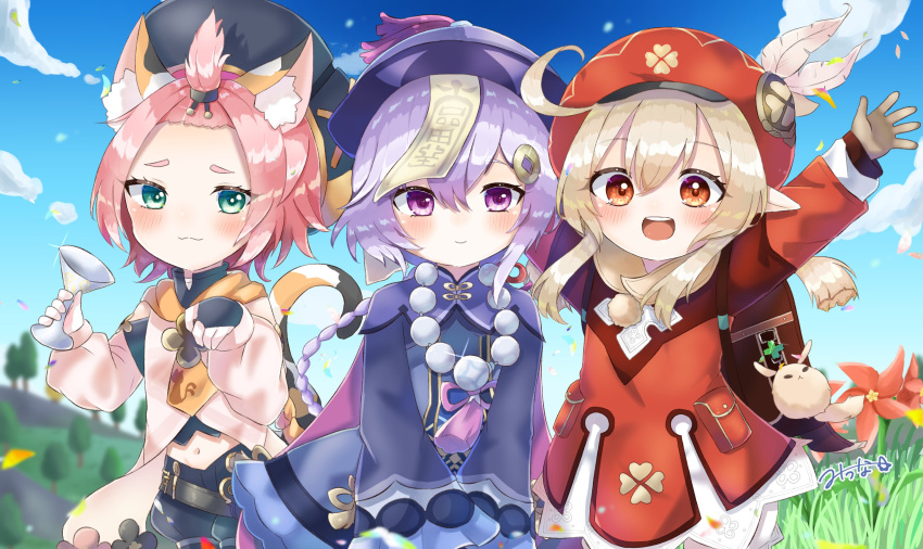 3girls :3 :d animal_ears arms_up backpack bag bag_charm bangs bangs_pinned_back bead_necklace beads belt black_shorts bloomers blue_sky blurry blush braid braided_ponytail brown_footwear brown_gloves brown_scarf cabbie_hat cape cat_ears cat_girl cat_tail charm_(object) chinese_clothes clouds cloudy_sky clover_print coat cocktail_glass coin_hair_ornament commentary_request cup depth_of_field detached_sleeves diona_(genshin_impact) dodoco_(genshin_impact) drinking_glass eyebrows_visible_through_hair flower forehead genshin_impact gloves grass green_eyes hair_between_eyes hair_ribbon hat highres holding holding_cup jewelry jiangshi klee_(genshin_impact) light_brown_hair long_hair long_sleeves looking_at_viewer low_ponytail low_twintails midriff miuna_(user_dunp3235) multiple_girls navel necklace ofuda open_mouth outstretched_arms petals pink_hair pocket pointy_ears puffy_detached_sleeves puffy_shorts puffy_sleeves purple_hair qing_guanmao qiqi_(genshin_impact) randoseru red_coat red_eyes red_headwear ribbon scarf short_hair shorts sidelocks signature single_braid sky smile spread_arms tail thick_eyebrows tree twintails underwear v_arms violet_eyes waving white_gloves wind