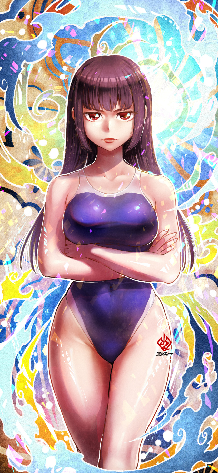 1girl absurdres amaguchi_chiyoko bare_legs black_hair blue_swimsuit breasts competition_school_swimsuit competition_swimsuit covered_navel cowboy_shot crossed_arms highres hime_cut ijiranaide_nagatoro-san large_breasts lips long_hair looking_at_viewer one-piece_swimsuit solo sunomiya_sana swimsuit watermark