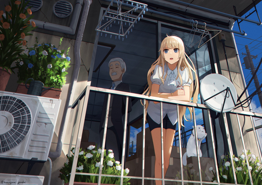 1boy 1girl absurdres air_conditioner balcony black_pants blonde_hair blue_eyes cat clothes_hanger day drink facial_hair flower formal grey_hair hanagamigendai highres leaning_forward long_hair mustache necktie old old_man original outdoors pants power_lines radar_dish railing standing suit yojouhan