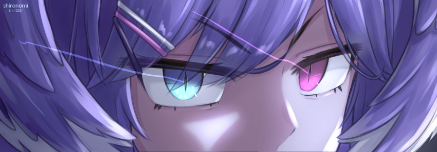 1girl artist_name bangs blue_eyes dated eye_focus eye_trail eyebrows_visible_through_hair hair_ornament hairclip head_wings heterochromia highres looking_at_viewer nijisanji nijisanji_en purple_hair selen_tatsuki shironomi solo v-shaped_eyebrows violet_eyes virtual_youtuber