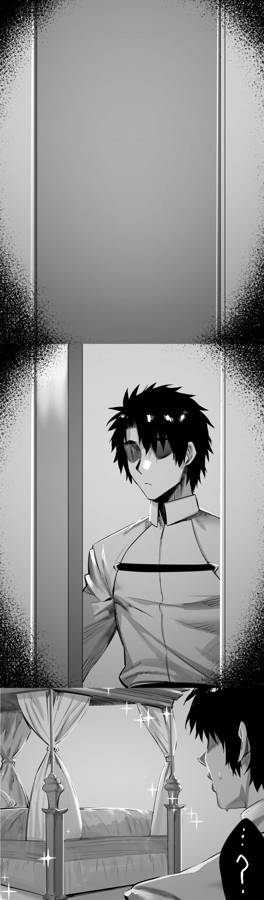 1boy absurdres bed door faceless faceless_male fate/grand_order fate_(series) fujimaru_ritsuka_(male) greyscale highres hxd male_focus monochrome opening_door short_hair