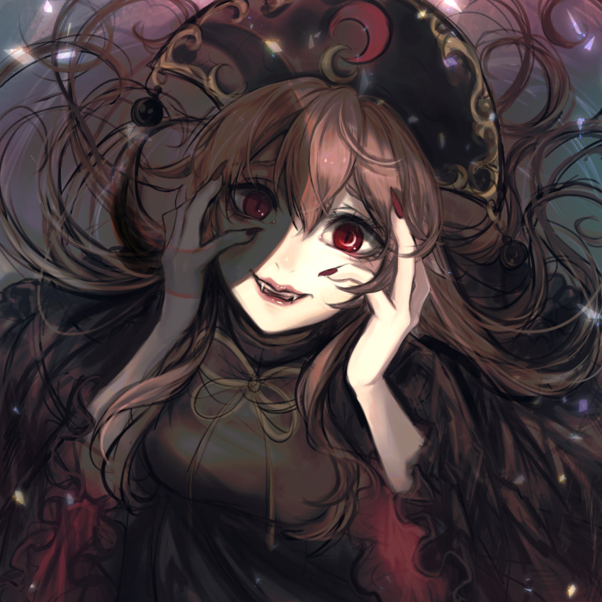 1girl absurdres bangs black_dress chinese_clothes crescent crescent_hat_ornament crescent_moon dress eye_reflection fangs fingernails frilled_sleeves frills furrowed_brow hair_between_eyes hair_spread_out hands_on_own_face hat hat_ornament highres junko_(touhou) kyogoku-uru light_brown_hair lips long_hair long_sleeves looking_at_viewer moon moon_reflection nail_polish neck_ribbon parted_lips red_eyes red_nails reflection ribbon shadow sharp_fingernails slit_pupils smile solo touhou vampire very_long_fingernails very_long_hair wide_sleeves