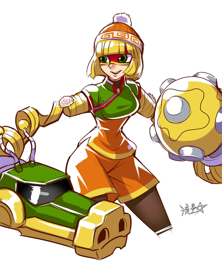 1girl :d arms_(game) beanie blonde_hair bob_cut breasts brown_legwear cannon chinese_clothes cropped_legs eye_mask green_eyes hat highres medium_breasts medium_hair min_min_(arms) open_mouth orange_headwear orange_shorts pantyhose ryuusei_(mark_ii) shorts signature simple_background smile solo standing super_smash_bros. white_background