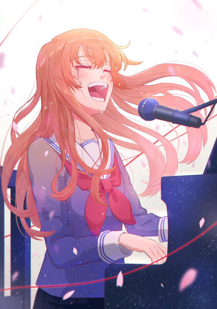1girl absurdres blue_shirt bow closed_eyes crying hanagamigendai highres instrument long_hair long_sleeves microphone music original petals piano red_bow school_uniform serafuku shirt simple_background singing sitting string string_of_fate tears uniform white_background