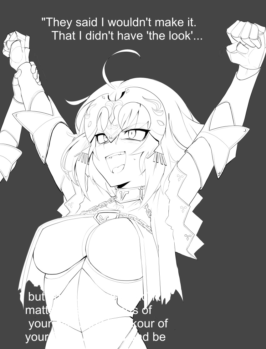 1girl absurdres ahoge arms_up chain clenched_hands english_text fate/grand_order fate_(series) gauntlets headpiece highres jeanne_d'arc_(alter)_(fate) jeanne_d'arc_(fate) monochrome open_mouth parody sally_(luna-arts) teeth victory_pose