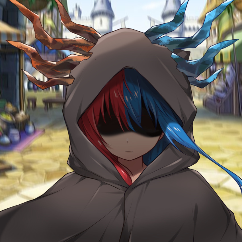 1girl bangs blue_eyes blue_fire blue_hair blue_horns blurry blurry_background bright_pupils castle cloak commission commissioner_upload day dragon_girl dragon_horns expressionless eyebrows_visible_through_hair fire food highres hood hood_up hooded_cloak horns inferna_dragnis long_hair looking_at_viewer market market_stall no_eyes original outdoors shaded_face shield solo standing usagi1923 white_pupils