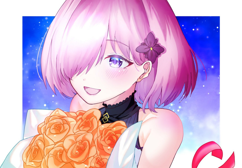 1girl alternate_costume bare_shoulders black_neckwear blush bouquet collarbone commentary_request dress eyebrows_visible_through_hair fate/grand_order fate_(series) flower hair_flower hair_ornament hair_over_one_eye highres light_purple_hair mash_kyrielight official_alternate_costume one_eye_covered open_mouth orange_flower orange_rose purple_flower rose short_hair sleeveless sleeveless_dress smile solo t_maguo tongue under_the_same_sky upper_body violet_eyes white_dress
