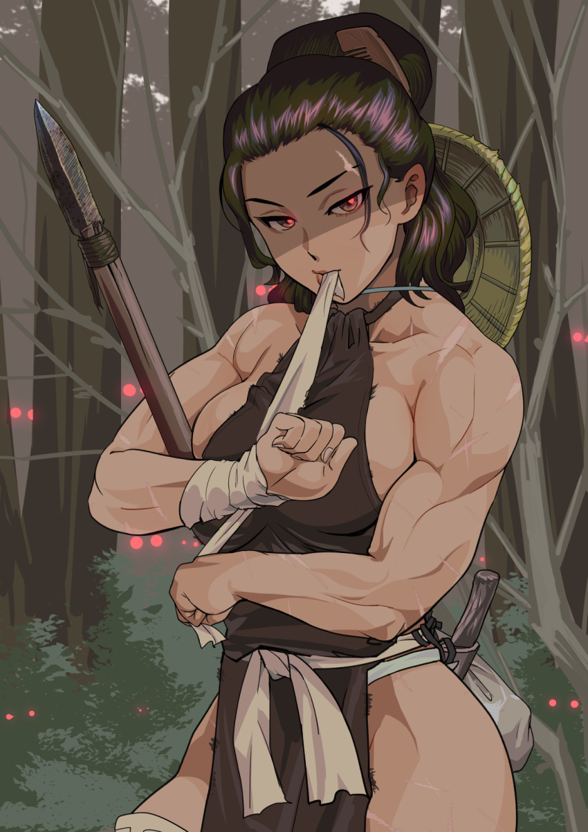 1girl bandaged_arm bandages bare_shoulders black_hair breasts closed_mouth commentary_request forest gesogeso hat highres holding holding_bandages holding_sword holding_weapon large_breasts long_hair looking_at_viewer muscular muscular_female nature original polearm red_eyes scar scar_on_arm scar_on_face scar_on_leg solo spear straw_hat sword weapon
