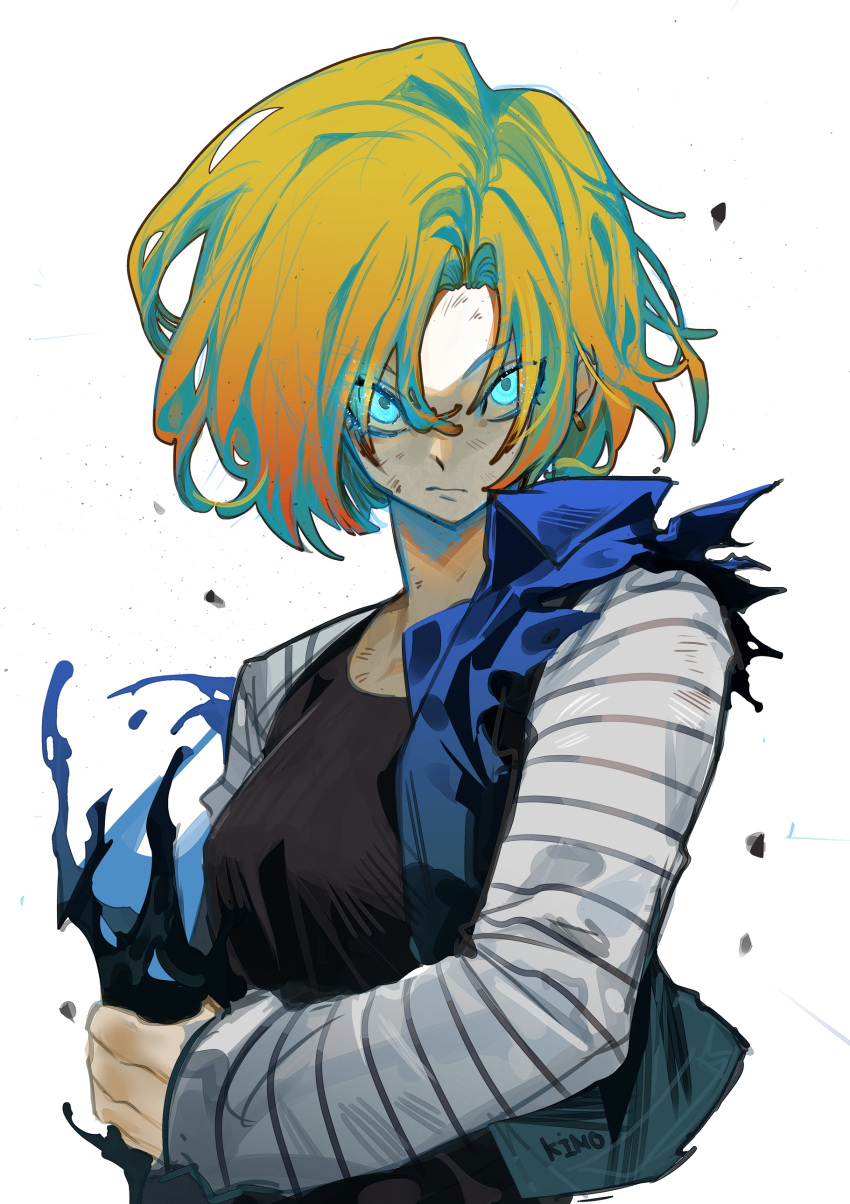 1girl absurdres android_18 artist_name blonde_hair blue_eyes closed_mouth dragon_ball dragon_ball_z forehead glowing glowing_eyes highres kimo long_sleeves looking_at_viewer shirt shirt_under_shirt short_hair simple_background solo striped striped_shirt torn_clothes upper_body vest white_background