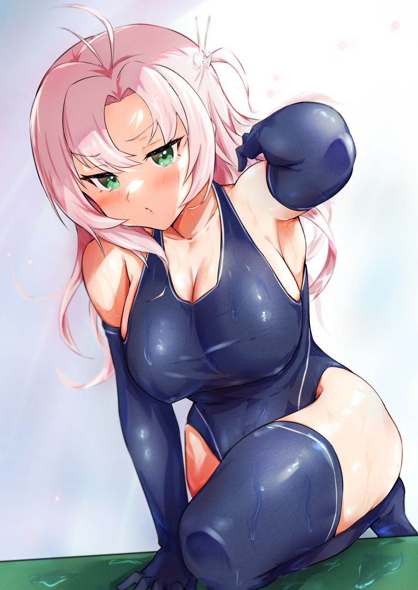 1girl absurdres black_gloves black_legwear black_swimsuit breasts commentary_request competition_swimsuit dou_tanuki elbow_gloves gloves green_eyes hair_tie highres kantai_collection kinugasa_(kancolle) large_breasts one-piece_swimsuit one_side_up pink_hair remodel_(kantai_collection) solo swimsuit thigh-highs wet