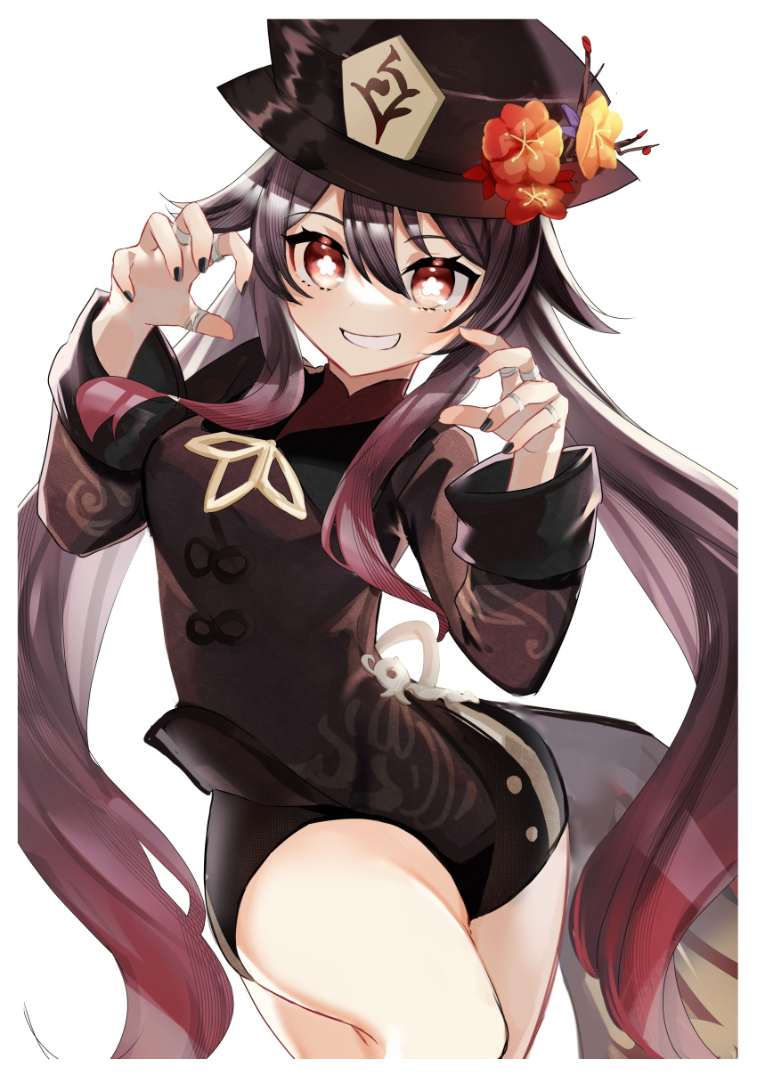 1girl absurdres black_headwear brown_hair claw_pose genshin_impact highres hu_tao_(genshin_impact) long_sleeves looking_at_viewer maka94ma red_eyes shorts simple_background smile solo symbol-shaped_pupils twintails white_background