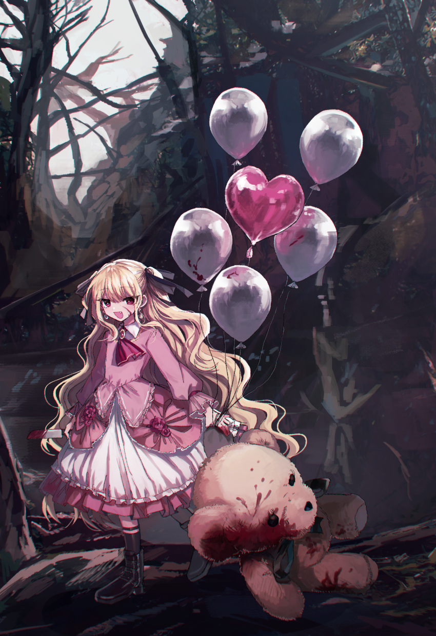 1girl balloon bangs bare_tree black_footwear black_legwear blonde_hair blood blood_on_face blood_on_hands blood_on_knife boots commentary danjou_sora dress eyebrows_visible_through_hair frilled_dress frills heart_balloon highres holding holding_knife knife long_sleeves original pink_dress puffy_long_sleeves puffy_sleeves socks solo stuffed_animal stuffed_toy symbol-only_commentary teddy_bear tree