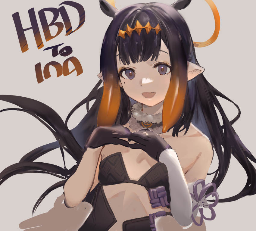 1girl absurdres bare_shoulders choker clothing_cutout collarbone elbow_gloves fang fur-trimmed_choker fur_trim gloves grey_background grey_choker halo happy_birthday highres hololive hololive_english long_hair mole mole_under_eye multicolored multicolored_hair ninomae_ina'nis orange_hair pointy_ears purple_gloves purple_hair simple_background single_elbow_glove sketch skin_fang solo teeth tiara tsuiru upper_teeth violet_eyes