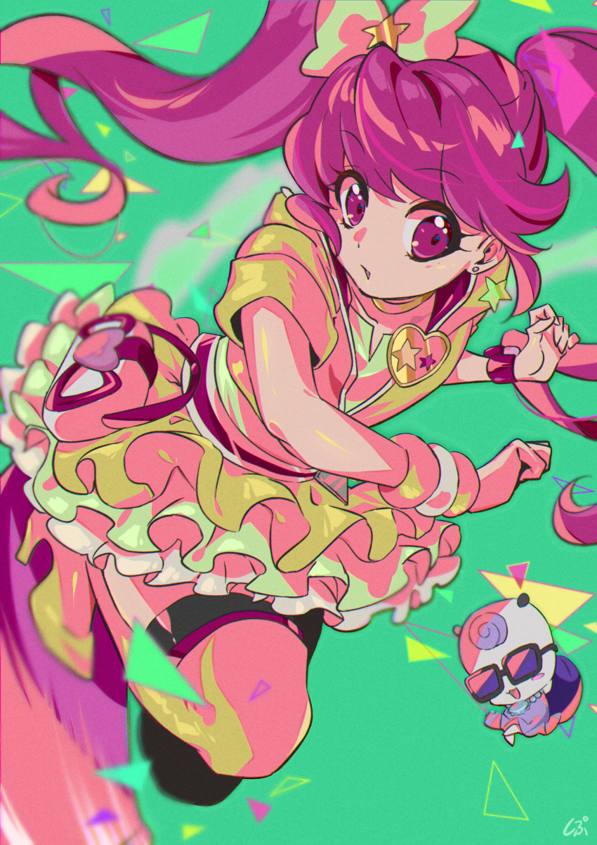 1girl bangs bow bracelet choker collarbone cure_lovely earrings eyebrows_visible_through_hair eyelashes floating_hair green_background hair_between_eyes hair_bow happinesscharge_precure! highres jacket jewelry layered_skirt lollipop_hip_hop long_hair miniskirt multicolored multicolored_clothes multicolored_skirt open_mouth precure red_eyes redhead shipu_(gassyumaron) short_sleeves signature skirt solo star_(symbol) star_earrings twintails very_long_hair white_skirt yellow_choker yellow_footwear yellow_jacket yellow_skirt