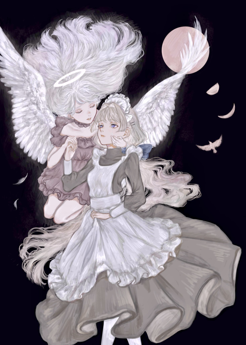 2girls bird black_dress blue_bow blue_eyes bow closed_eyes dark_background dress feathered_wings feathers hair_bow hair_ornament hairclip halo highres long_hair long_sleeves looking_at_another maid maid_headdress multiple_girls original shirone_(coxo_ii) short_hair very_long_hair white_hair white_wings wings