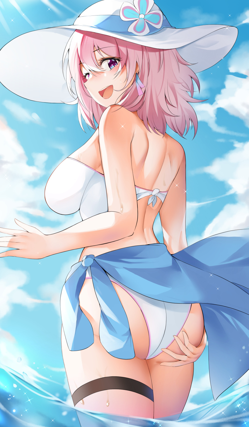 1girl absurdres ass ass_grab back bangs bikini blue_eyes blue_sarong blue_sky breasts clouds commentary_request day elysia_(honkai_impact) eyebrows_visible_through_hair from_behind gr_greeze grabbing_own_ass hair_between_eyes hat highres honkai_(series) honkai_impact_3rd large_breasts looking_at_viewer looking_back medium_hair mixed-language_commentary ocean outdoors pink_hair sarong shoulder_blades sky smile solo sun_hat swimsuit teeth thigh_strap upper_teeth wading wet white_headwear white_swimsuit