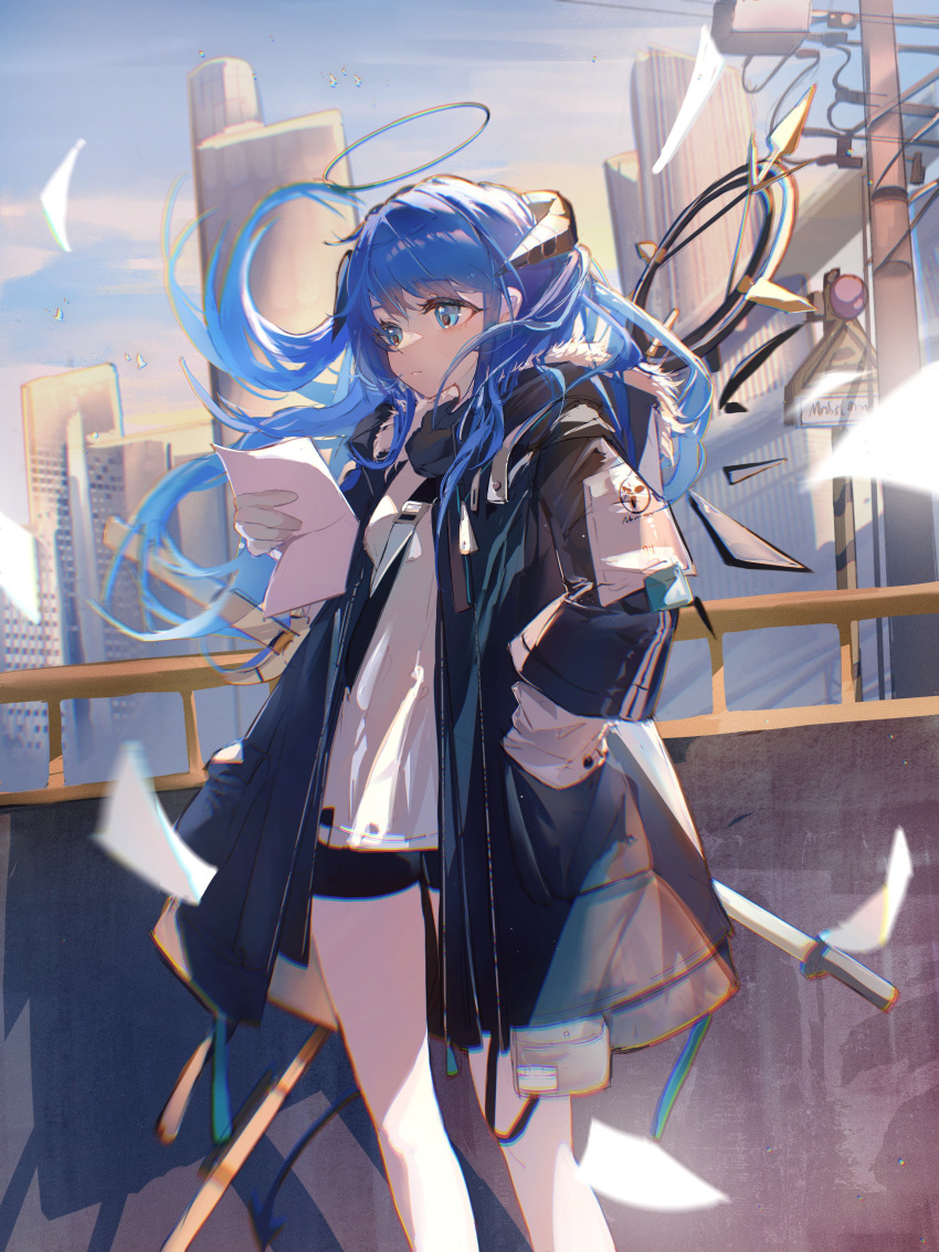 1girl absurdres arknights bangs blue_hair closed_mouth demon_horns fur-trimmed_jacket fur_trim halo highres hood hood_down hooded_jacket horns jacket kirrrara long_hair mostima_(arknights) shirt shorts solo staff white_shirt