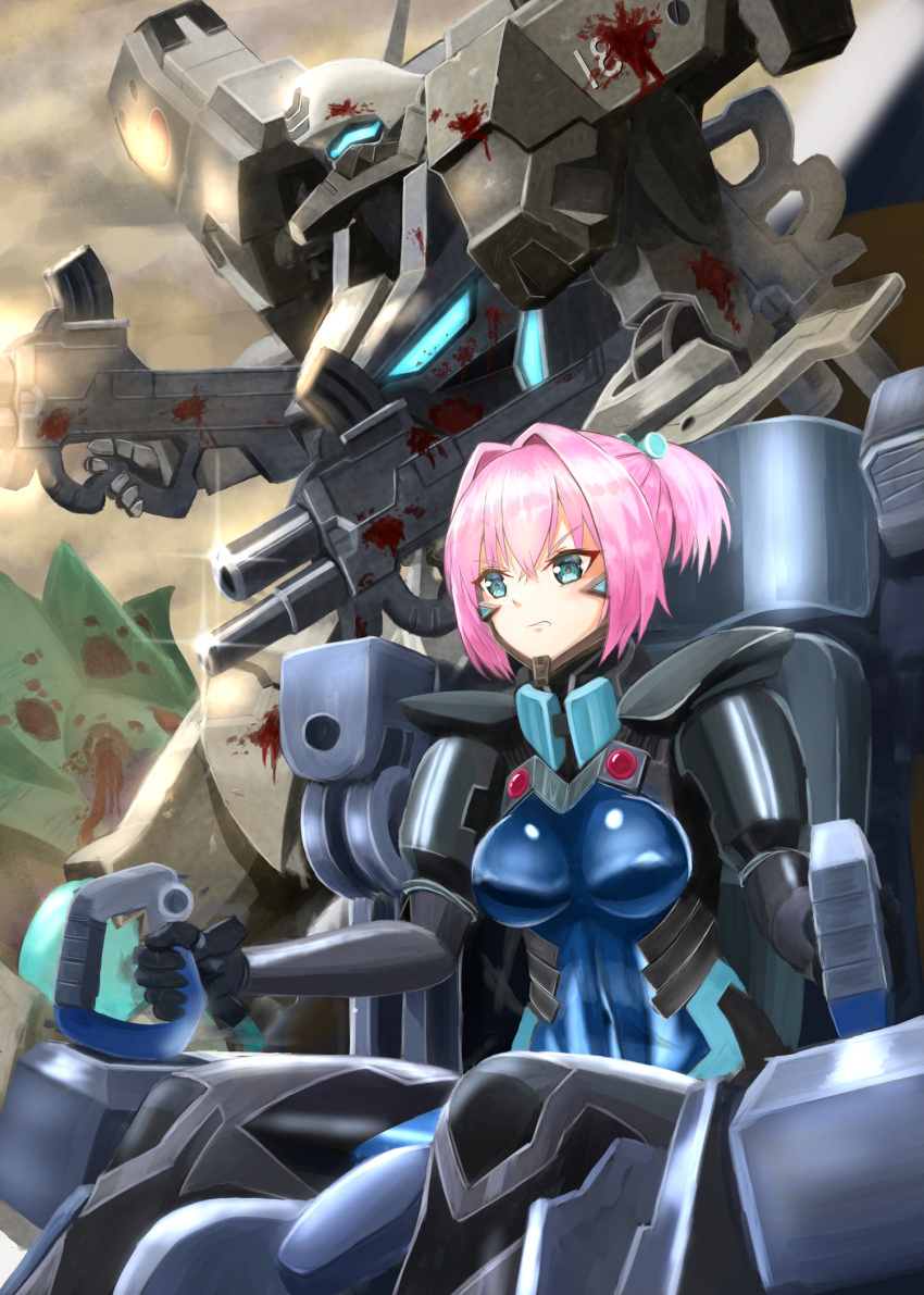 1girl alien beta_(muvluv) blood blood_splatter blue_eyes cockpit covered_nipples crossover fortified_suit fusou_(fuso0205) highres kantai_collection mecha muvluv muvluv_alternative namesake pilot_suit pink_hair science_fiction scowl shiny shiranui_(kancolle) sitting skin_tight solo_focus tactical_surface_fighter tied_hair type_94_shiranui v-shaped_eyebrows visor