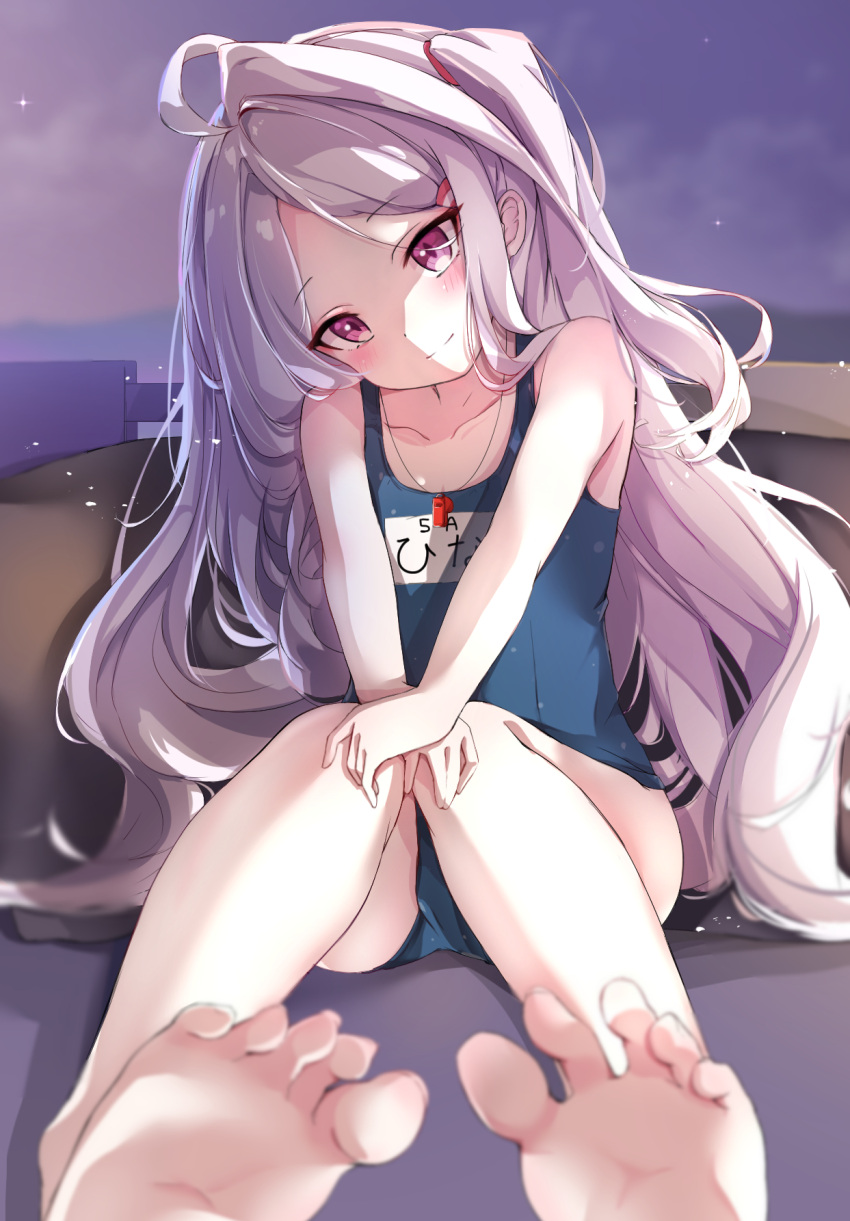 1girl ahoge aono_(f_i_s) armpits blue_archive blush eyebrows_visible_through_hair feet highres hina_(blue_archive) long_hair looking_at_viewer name_tag one-piece_swimsuit pink_eyes school_swimsuit sitting smile solo swimsuit toenails toes whistle whistle_around_neck white_hair