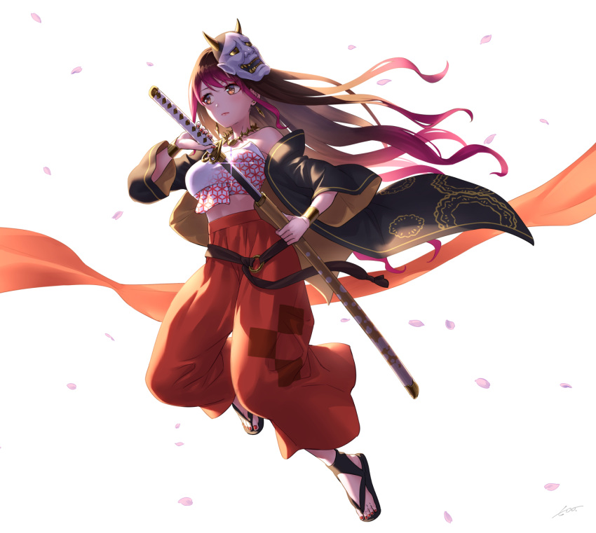 1girl bandeau bangs bare_shoulders black_hair brown_eyes cherry_blossoms collarbone commentary_request drawing_sword fingernails full_body gradient_hair gurenge haori highres holding holding_sword holding_weapon japanese_clothes jewelry katana kimetsu_no_yaiba lisa_(singer) long_hair mask mask_on_head multicolored_hair nail_polish necklace oni_mask petals purple_hair red_nails sarashi sheath solo sword unsheathing weapon wedo