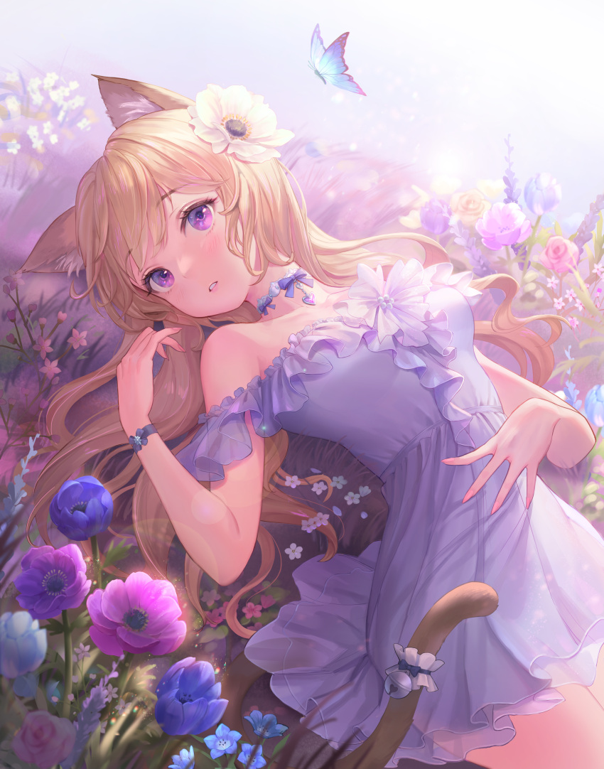 1girl absurdres animal_ear_fluff animal_ears bangs bare_shoulders bell blue_bow blue_butterfly blue_dress blue_flower blush bow bow_choker brown_hair bug butterfly cat_ears cat_girl cat_tail commentary dress english_commentary eyebrows_visible_through_hair flower grass hair_flower hair_ornament hand_on_own_stomach highres jingle_bell long_hair looking_at_viewer lying off-shoulder_dress off_shoulder on_back original parted_lips prko purple_flower short_dress short_sleeves solo tail tail_bell tail_garter tail_ornament violet_eyes white_flower wristband