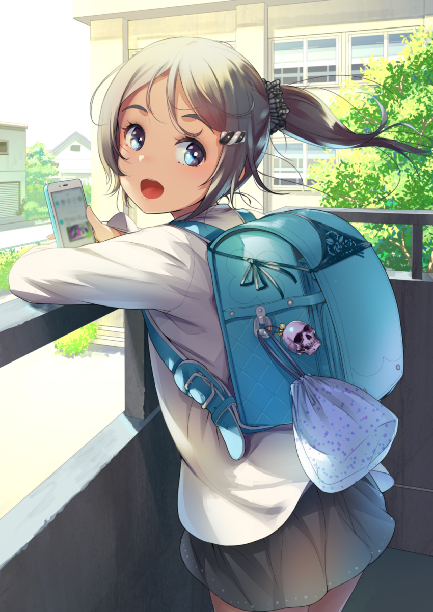 1girl backpack bag bag_charm blue_eyes charm_(object) grey_hair hair_ornament hair_scrunchie hairclip highres holding holding_phone long_sleeves looking_at_viewer looking_back open_mouth original panties_removed phone ponytail randoseru school_uniform scrunchie shirt skirt skull sody solo