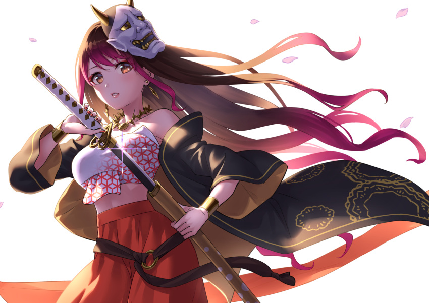 1girl bandeau bangs bare_shoulders black_hair brown_eyes cherry_blossoms collarbone commentary_request drawing_sword fingernails gradient_hair gurenge haori highres holding holding_sword holding_weapon japanese_clothes jewelry katana kimetsu_no_yaiba lisa_(singer) long_hair mask mask_on_head multicolored_hair nail_polish necklace oni_mask petals purple_hair red_nails sarashi sheath solo sword unsheathing weapon wedo