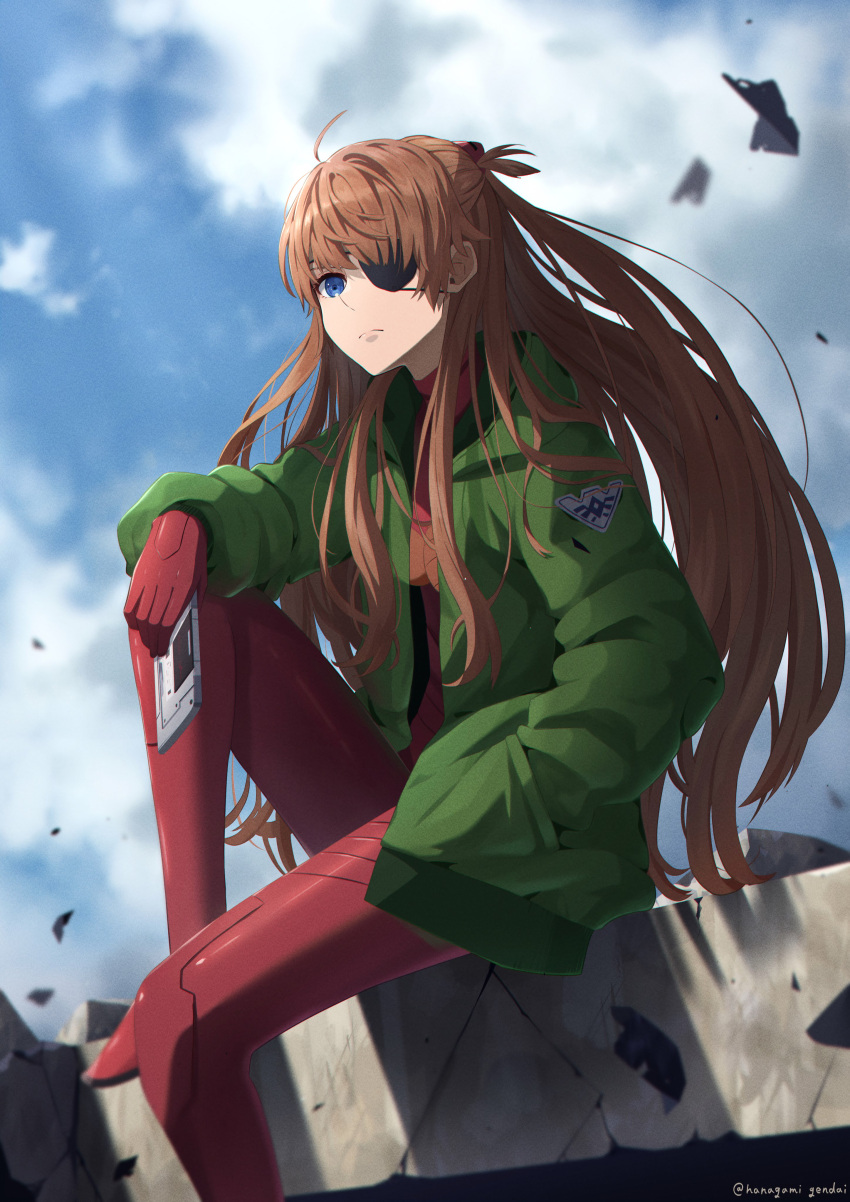 1girl absurdres blue_eyes blurry bodysuit brown_hair day eyepatch green_jacket hanagamigendai hand_in_pocket highres jacket knee_up long_hair neon_genesis_evangelion outdoors red_bodysuit red_legwear sitting solo souryuu_asuka_langley twitter_username