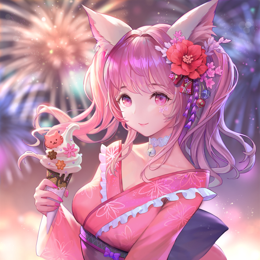 aerial_fireworks animal_ear_fluff animal_ears bangs bell blurry blurry_background cat_ears choker closed_mouth commentary english_commentary facial_mark fingernails fireworks flower food frilled_kimono frills hair_flower hair_ornament hand_up highres holding holding_food ice_cream ice_cream_cone japanese_clothes jingle_bell kimono long_hair long_sleeves looking_at_viewer nail_polish neck_bell original pink_hair pink_kimono prko purple_nails red_flower smile twintails upper_body violet_eyes white_choker